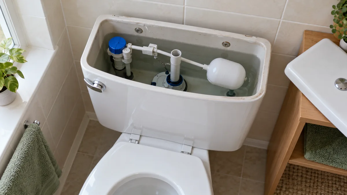 Réservoir de WC ouvert montrant le flotteur et le mécanisme de chasse