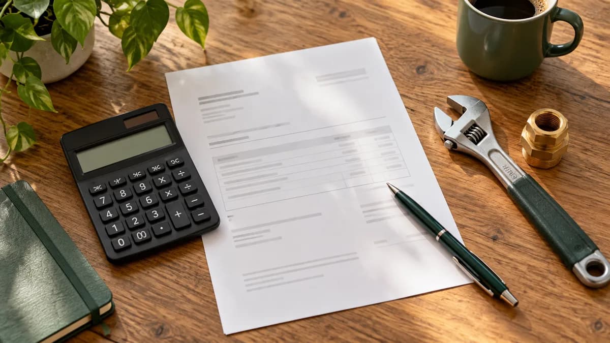 Document de devis, calculatrice et outils de plomberie sur une table