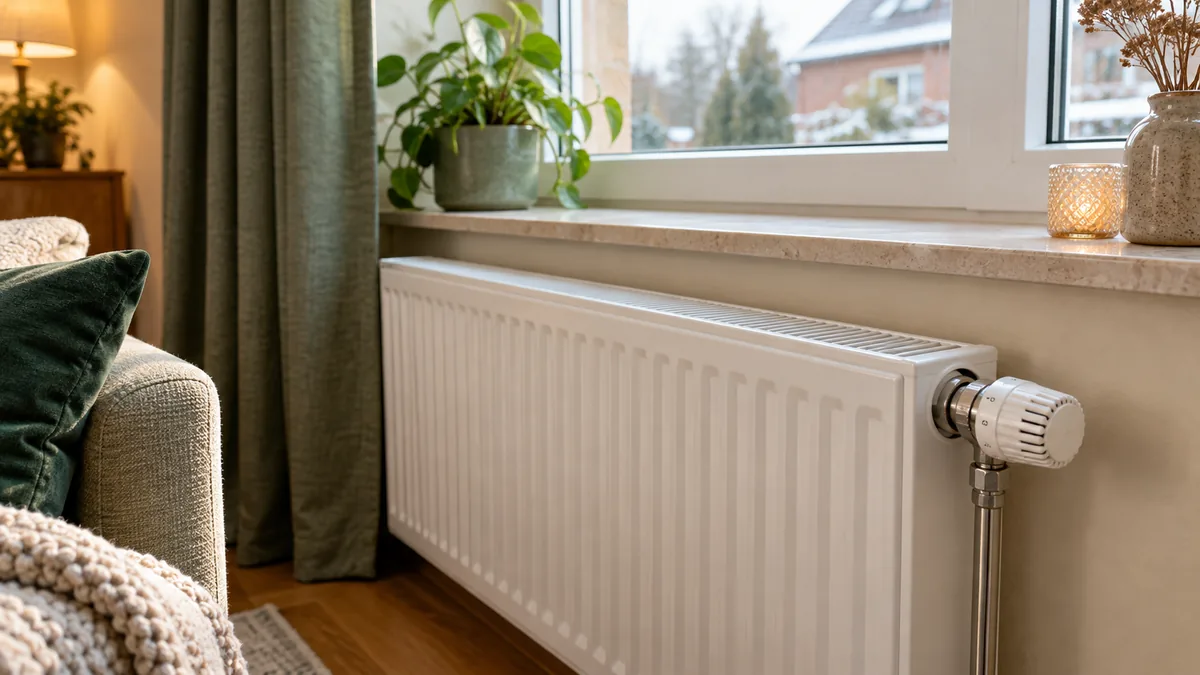 Radiateur blanc avec robinet thermostatique sous une fenêtre